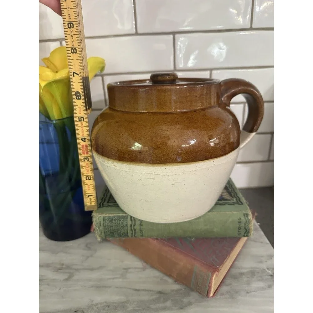 Vintage Antique Stoneware 2 Tone Brown One Handle Crock Bean Pot Americana